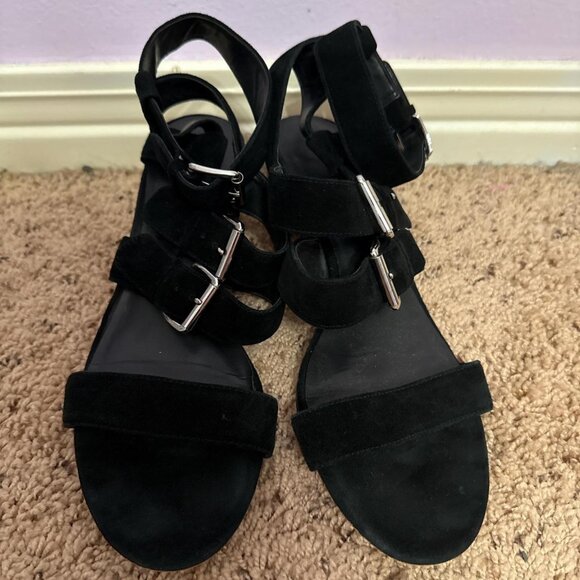 Rebecca Minkoff black suede block heel sandals with ankle buckles - Picture 2 of 3